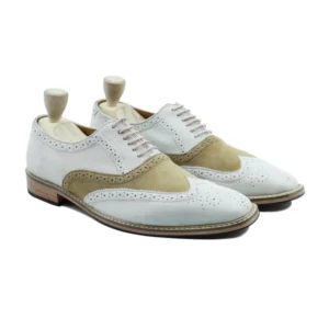 Oxnard - Men's White and Khaki Green Kid Suede Oxford Shoe